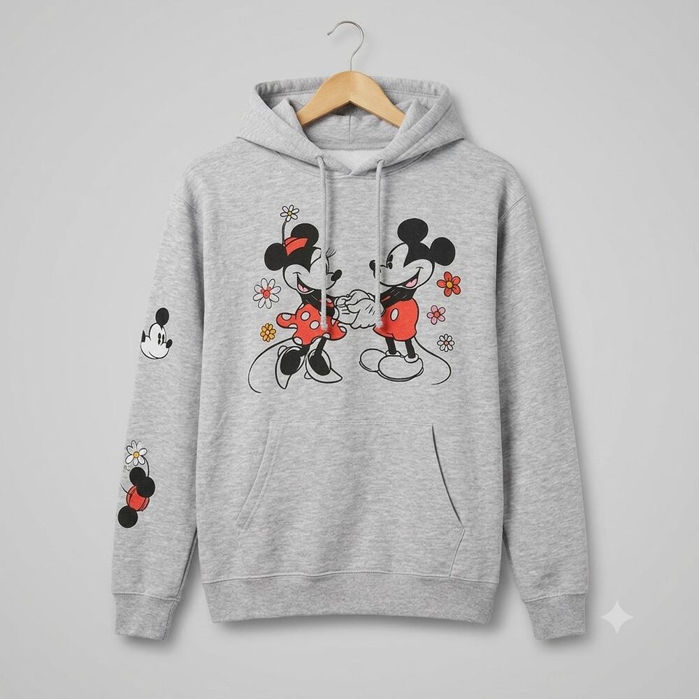 Disney Mickey Friends Hoodie Women's Large Gray Embroidered Graphic Sweatshirt